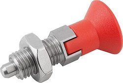 Arretierbolzen ICS-K0338, Edelstahl, Arretierstift gehärtet, Form D mit Rastnut mit Kontermutter